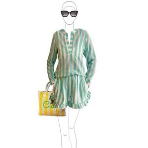 NWT Malabar Collective Green White Striped Ruffle Mini Lounge Shorts M